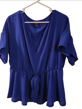 SHEIN Cobalt Blue V-Neck Tie-Front Peplum Blouse